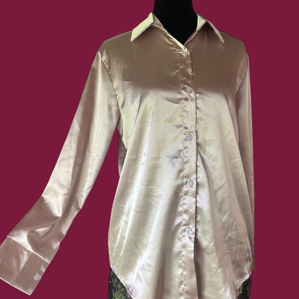Champagne Gold Satin Floral Border Button Up Blouse Size M Y2K